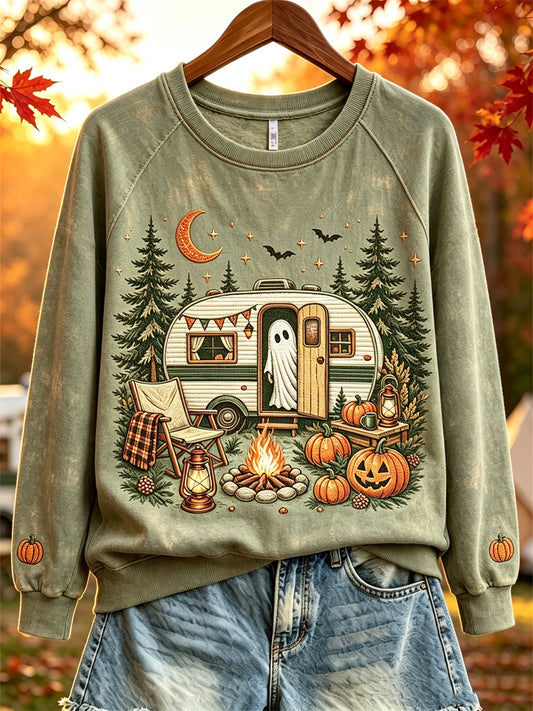 Women's Halloween Ghost Fall RV Camping Print raglan sleeve sweatshirt