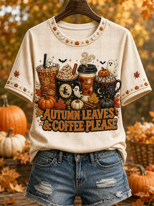 Women's Autumn Leaves & Coffee Please Print Casual Tee