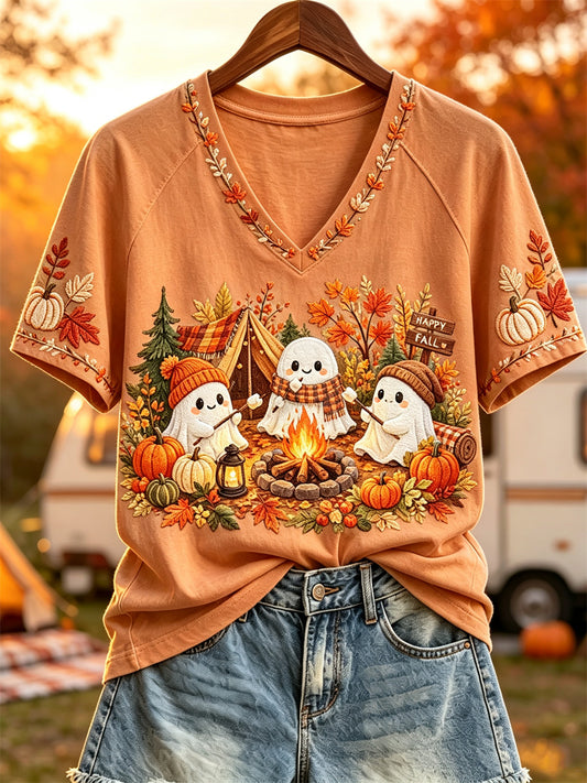 Women's Happy Fall Ghosts Fall Camping Print short sleeve T-shirt