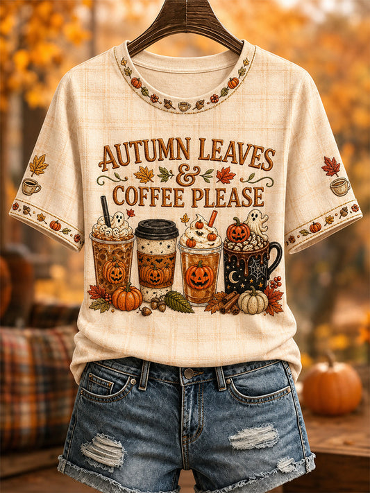 Women's Autumn Leaves & Coffee Please Print Casual Tee