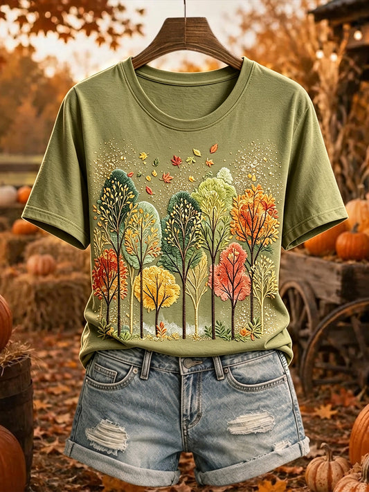 Women's Vintage Autumn Trees Print Comfy Short-sleeved T-shirt