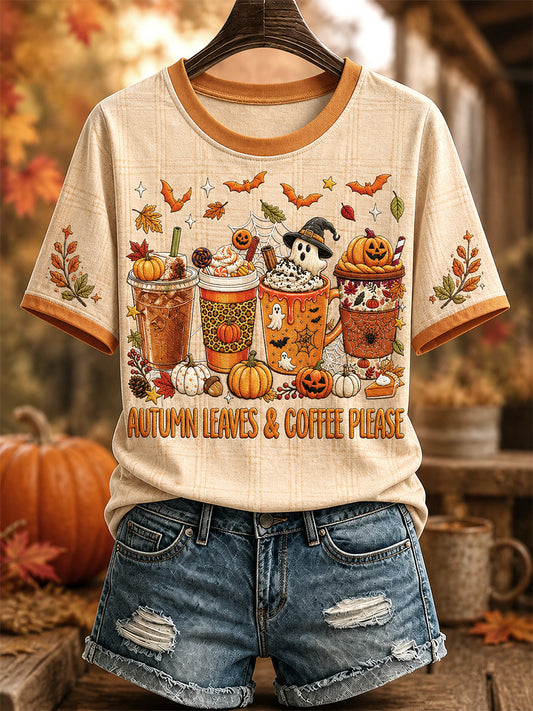 Women's Autumn Leaves & Coffee Please Print Casual Tee