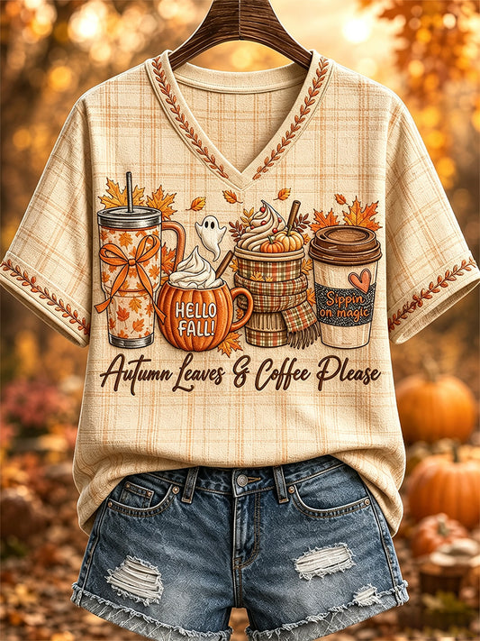 Women's Autumn Leaves & Coffee Please Print Casual V-Neck Tee