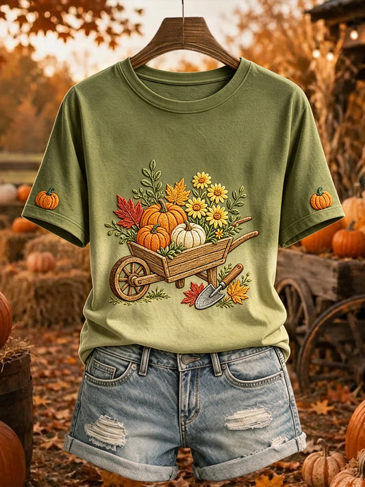 Women's Fall Pumpkin Wheelbarrow Print Comfy Short-sleeved T-shirt