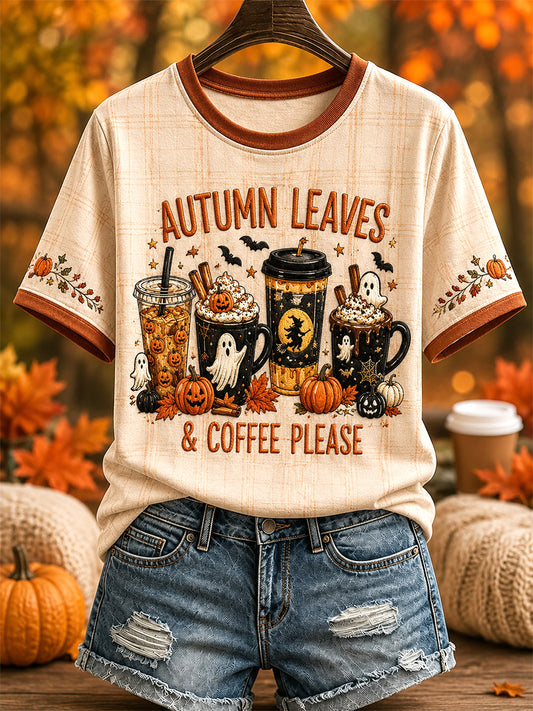 Women's Autumn Leaves & Coffee Please Print Casual Tee