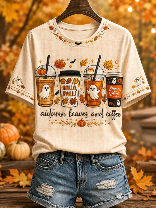 Women's Autumn Leaves & Coffee Please Print Casual Tee