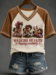 Women's Walking By Faith V-neck Off-shoulder Short-sleeved T-shirt