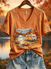 Women's Halloween Ghost RV Camping Fall Landscape Print short sleeve T-shirt