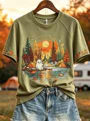 Women's Halloween Ghost Fishing Fall Camping Forest Print short sleeve T-shirt