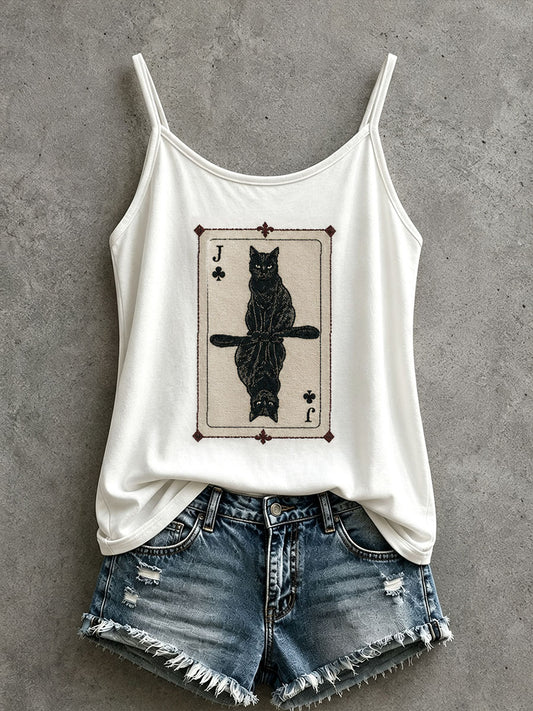Women's Black Cat Playing Cards Tank Top