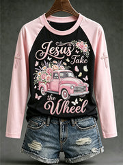 Women's faith-themed fun slogan pattern printed casual long-sleeved T-shirt