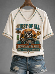 Women's Funny Christian First Of All Jesus Take The Wheel Cuz I Don't Have A License V-neck Short Sleeve T-shirt