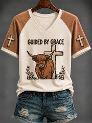 Women's “GUIDED BY GRACE” Printed V-neck T-shirt