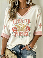 Women's Faith-Themed Pattern Printed Casual Mid-length Sleeves V-Neck T-Shirt