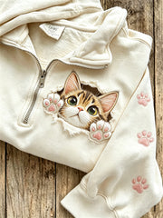 Women's cute cat pattern printed casual half zipper sweatshirt