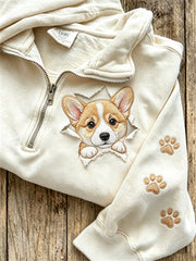 Women's cute little dog pattern printed casual half zipper sweatshirt