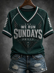 Women's Football Philly WE RUN SUNDAYS Printed V-neck T-shirt