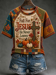 Women's Fall Jesus Cross Art Short Sleeve T-shirt