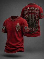 Men's WE WILL NEVER FORGET 9/11 25 YEARS 2001-2026 Waffle  Tee