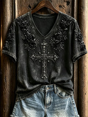 Women's Classy Gothic Cross & Black Roses Art Print short-sleeved T-shirt