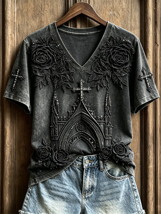 Women's Classy Gothic Cross & Church Black Roses Art Print short-sleeved T-shirt