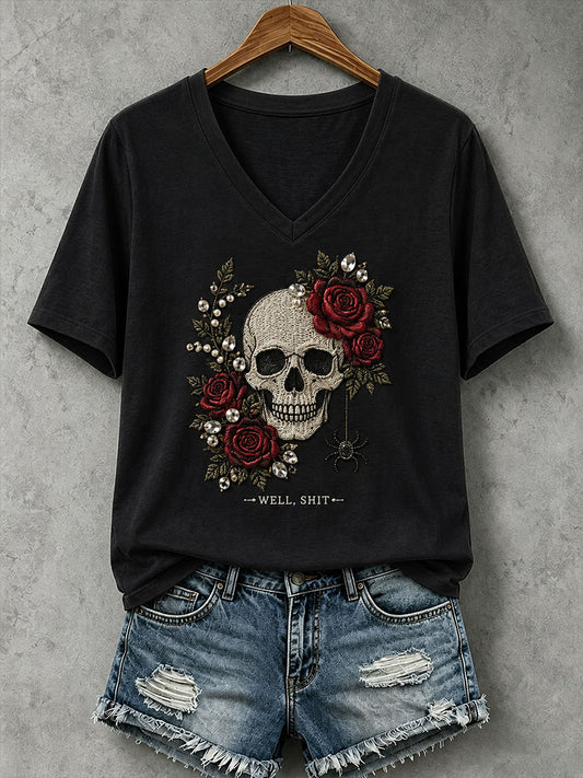 Women's Gothic Skull And Rose T-Shirt