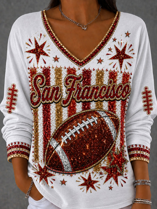 Women's Football Gameday Gift For Football Fans V-Neck Long Sleeve T-Shirt