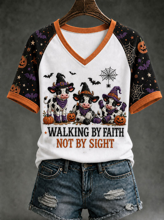 Women's Walking By Faith Tripping Constantly Halloween Highland Cow V-neck T-shirt