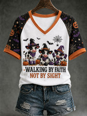 Women's Walking By Faith Tripping Constantly Halloween Highland Cow V-neck T-shirt