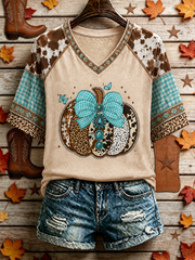 Women's Western-style autumn printed V-neck off-shoulder short-sleeved T-shirt