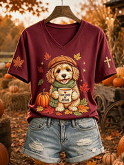 Women's Jesus Loves Dog Fall Leaves Print Short-sleeved T-shirt