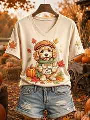 Women's Jesus Loves Dog Fall Leaves Print Short-sleeved T-shirt