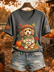 Women's Jesus Loves Dog Fall Leaves Print Short-sleeved T-shirt