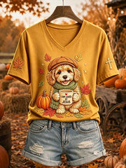 Women's Jesus Loves Dog Fall Leaves Print Short-sleeved T-shirt