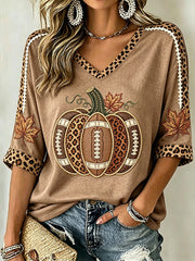 Women's Autumn Pumpkin Pattern Casual Mid-length Sleeves V-Neck T-Shirt