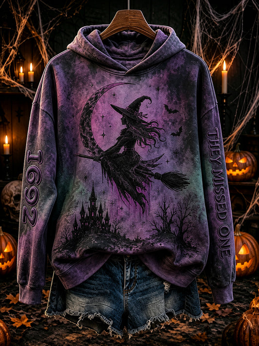 Women's Vintage 1692 They Missed One Flying Witch Print Comfy Hoodie