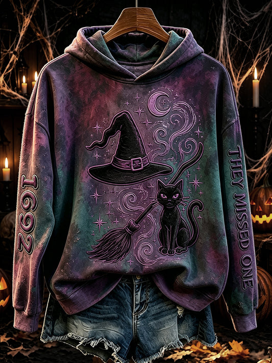 Women's Vintage 1692 They Missed One Witch Hat & Cat Print Cozy Hoodie