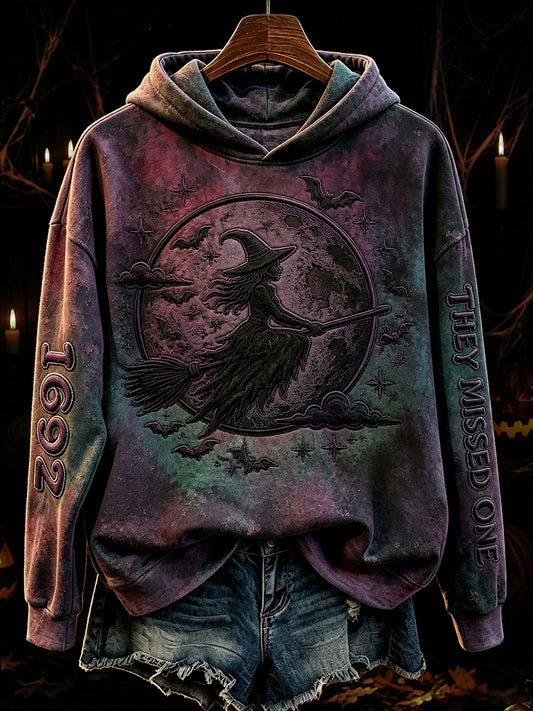 Women's Vintage 1692 They Missed One Flying Witch Print Cozy Hoodie