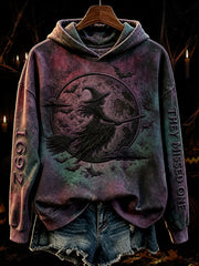 Women's Vintage 1692 They Missed One Flying Witch Print Cozy Hoodie