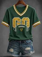Women's  Football Printed V-neck T-shirt