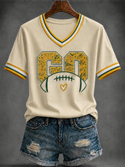 Women's  Football Printed V-neck T-shirt