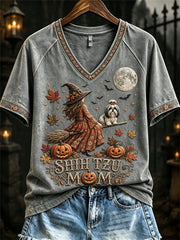 Women's Halloween Fall Shih Tzu Mom Witch & Dog Print short-sleeved T-shirt