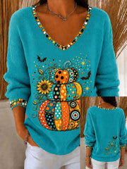 Women's Halloween pumpkin V-Neck Ribbed Top
