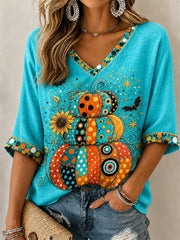 Women's Halloween pumpkin Mid-length Sleeves V-Neck T-Shirt