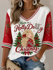 Women's Have A Holly Dolly Christmas We Will Always Love You Country Music Legend Tribute Half-Sleeves V-Neck T-Shirt