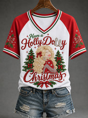 Women's Have A Holly Dolly Christmas We Will Always Love You Country Music Legend Tribute V-Neck Tee