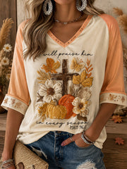 Women's Autumn Fall Lover I Will Praise Him Every Season Faith Printed T-shirt
