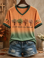 Women's Autumn Fall Lover I Will Praise Him Every Season Faith Printed T-shirt