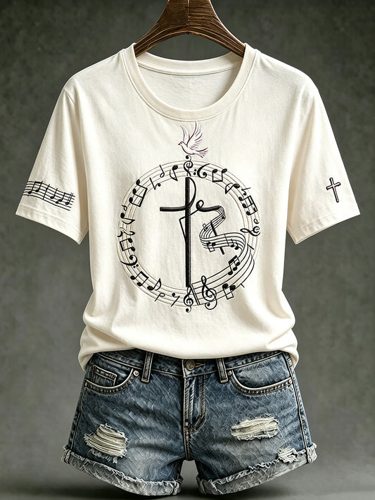 Women's Faith Theme Music Elements Pattern Design Casual  Short Sleeve T-shirt1