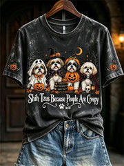 Women's Shih Tzus Because People Are Creepy Halloween Dogs Print short-sleeved T-shirt